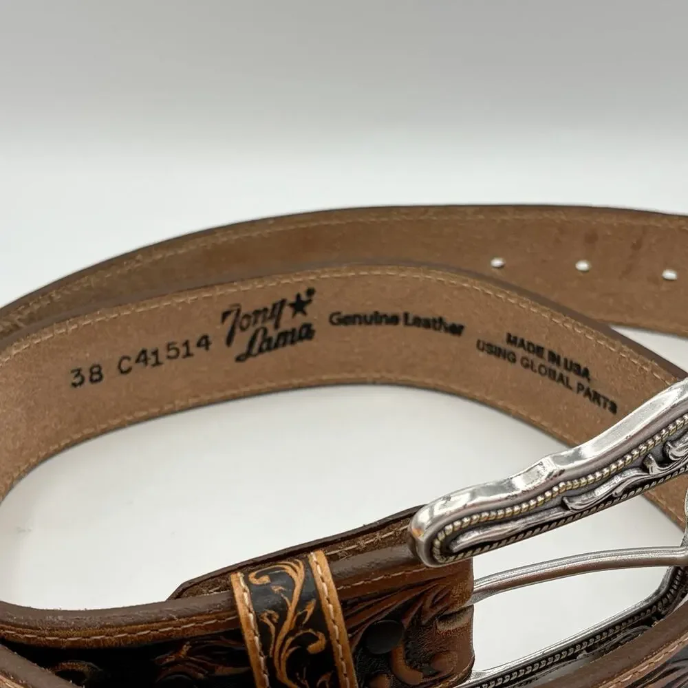 Tony Lama Men’s Black Brown Western Leather Belt C41514 Size 38 Buckle Belt Tip